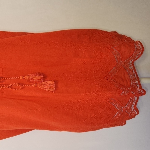 Cupio Orange Crochet Embroidered Sleeveless Tassel Tie 3/4 Button Front Top L - Picture 3 of 14